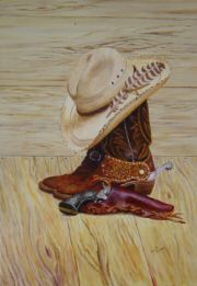 "248 Larry Marker's Still Life", acrylic painting of a western still life.