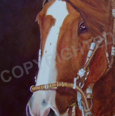 Oil painting of Robert Garner on Romancero, detail of horse