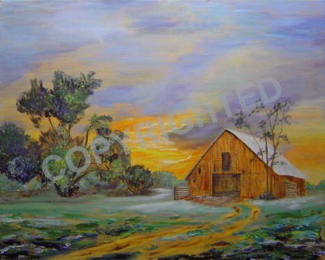 Sunrise is an oil painting of an old barn at sunrise.