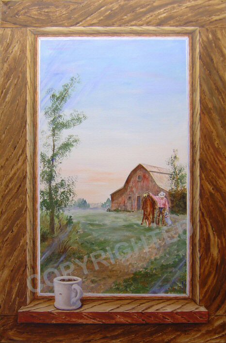 Acrylic painting, looking out a painted window frame at a cowboy and a barn. A coffee cup is on the window ledge.