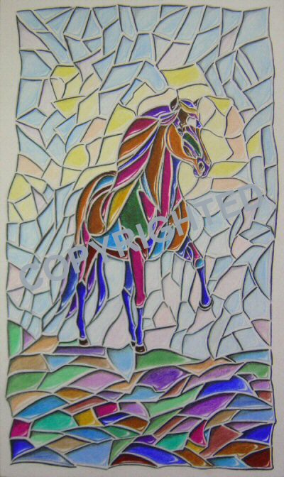 A colored pencil drawn to look like a stained glass window with a horse in it.
