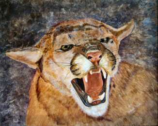 Acrylic painting of a snarling cougar.