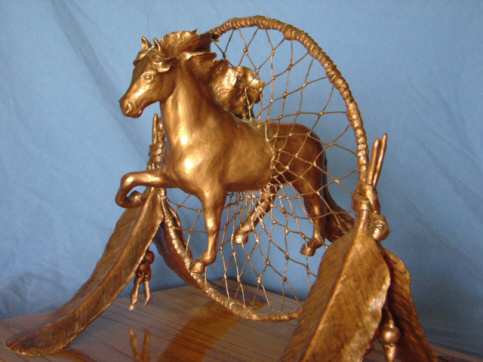 "Dream Catcher" One of a kind clay sculpture of a Peruvian horse coming through a dream catcher.