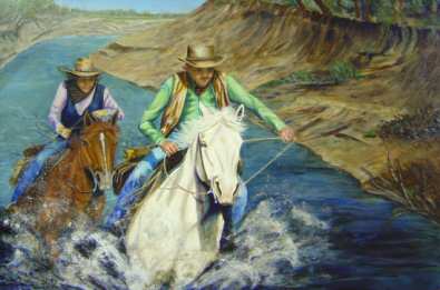This acrylic painting is of two people racing horses in a river, coming towards the viewer.