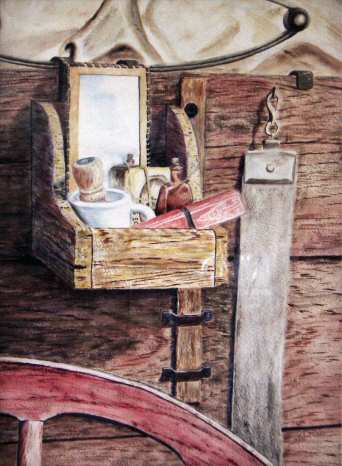 Watercolor painting of a shaving kit on an old chuck wagon.