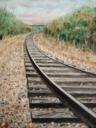 Acrylic painting of railroad tracks disapearing round the bend.